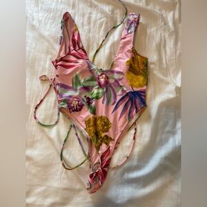 One piece petite floral pink bathing suit.